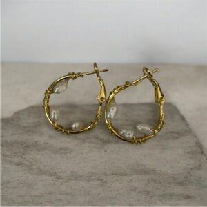 Wire Wrapped Hoop Earrings 18K Gold Plated Genuine Pearl Handmade